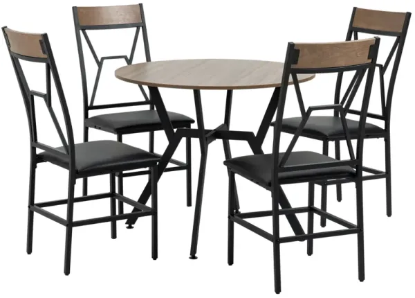 Brown Industrial Dining: 5-Piece Set with Round Table for 4