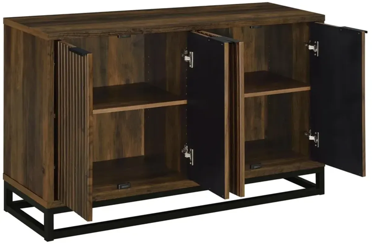 47 Inch Sideboard Cabinet Console, 4 Door, Carved Panels, Black and Brown - Benzara