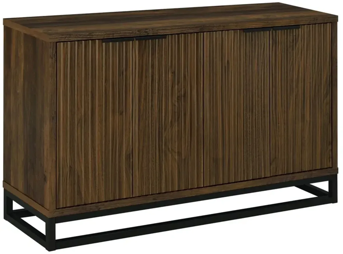 47 Inch Sideboard Cabinet Console, 4 Door, Carved Panels, Black and Brown - Benzara
