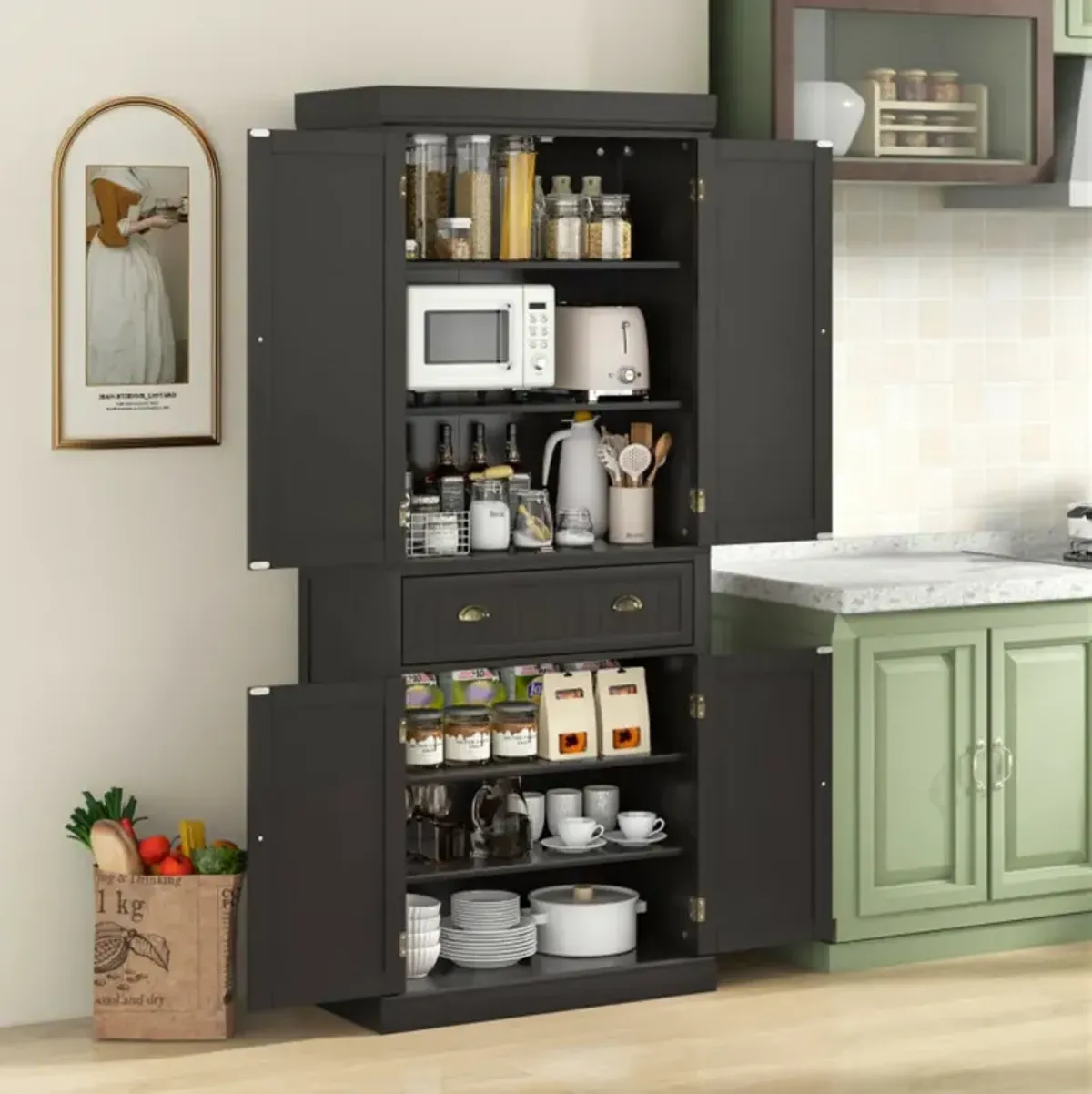 Cupboard Freestanding Kitchen Cabinet with Adjustable Shelves