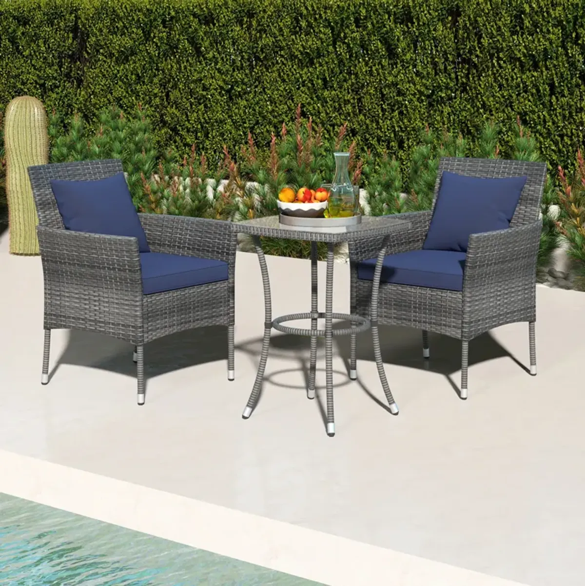 3 Pieces Patio Furniture Set with Cushioned Patio Chairs and Tempered Glass Coffee Table