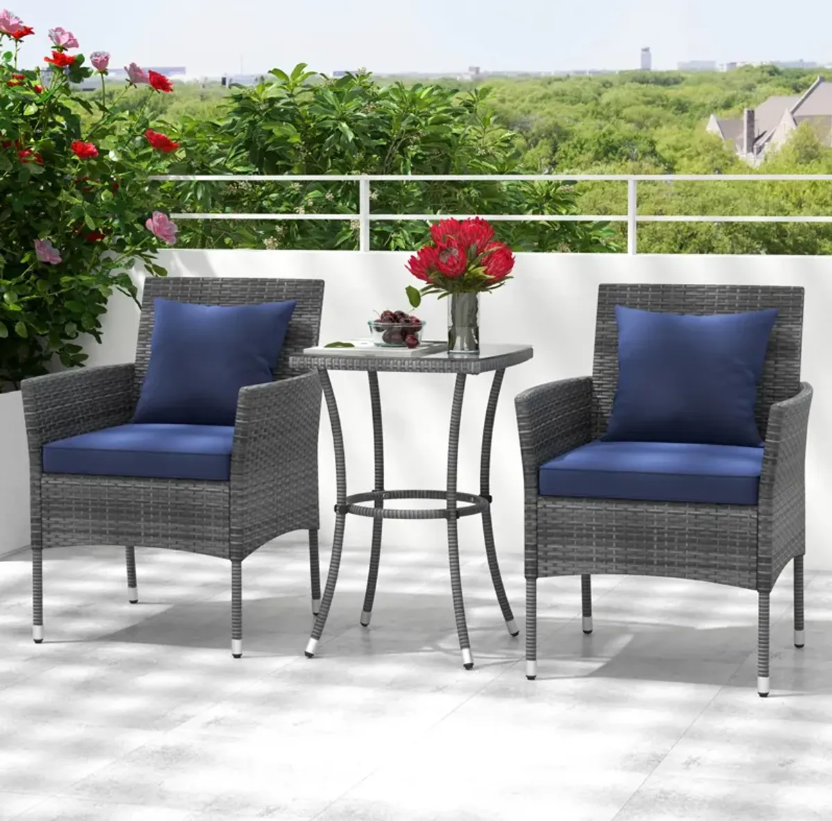 3 Pieces Patio Furniture Set with Cushioned Patio Chairs and Tempered Glass Coffee Table