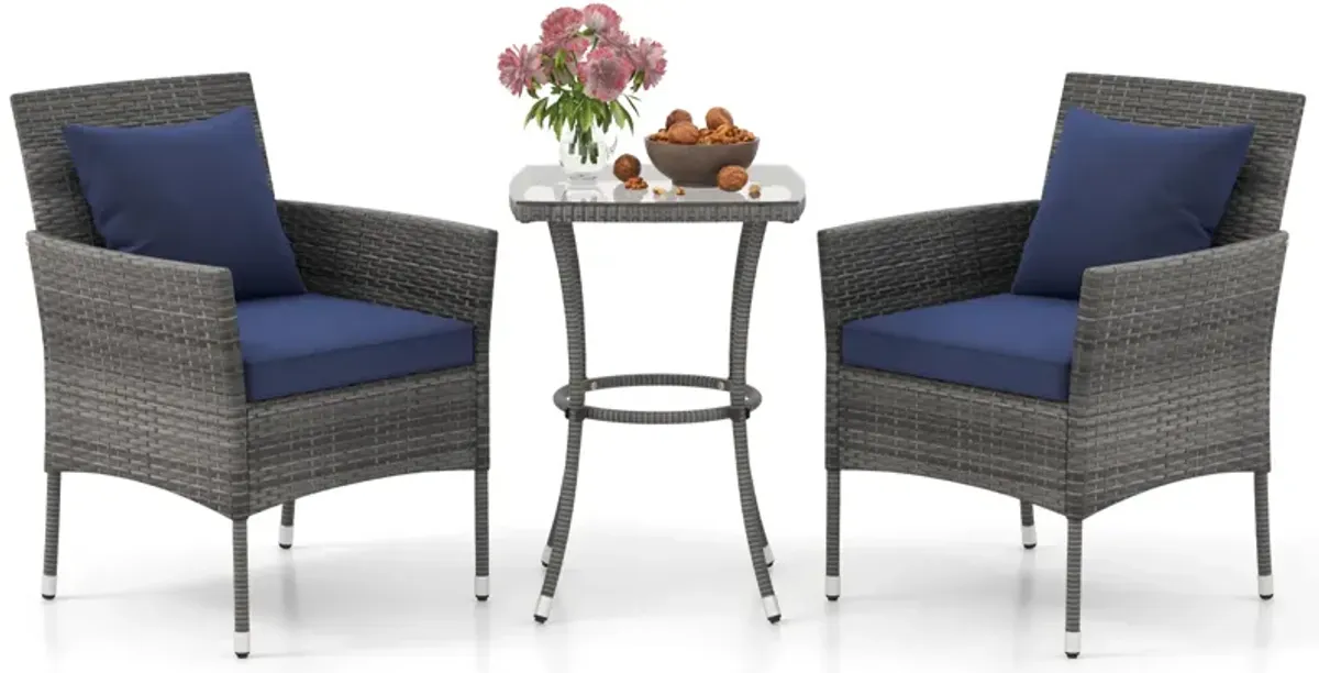 3 Pieces Patio Furniture Set with Cushioned Patio Chairs and Tempered Glass Coffee Table