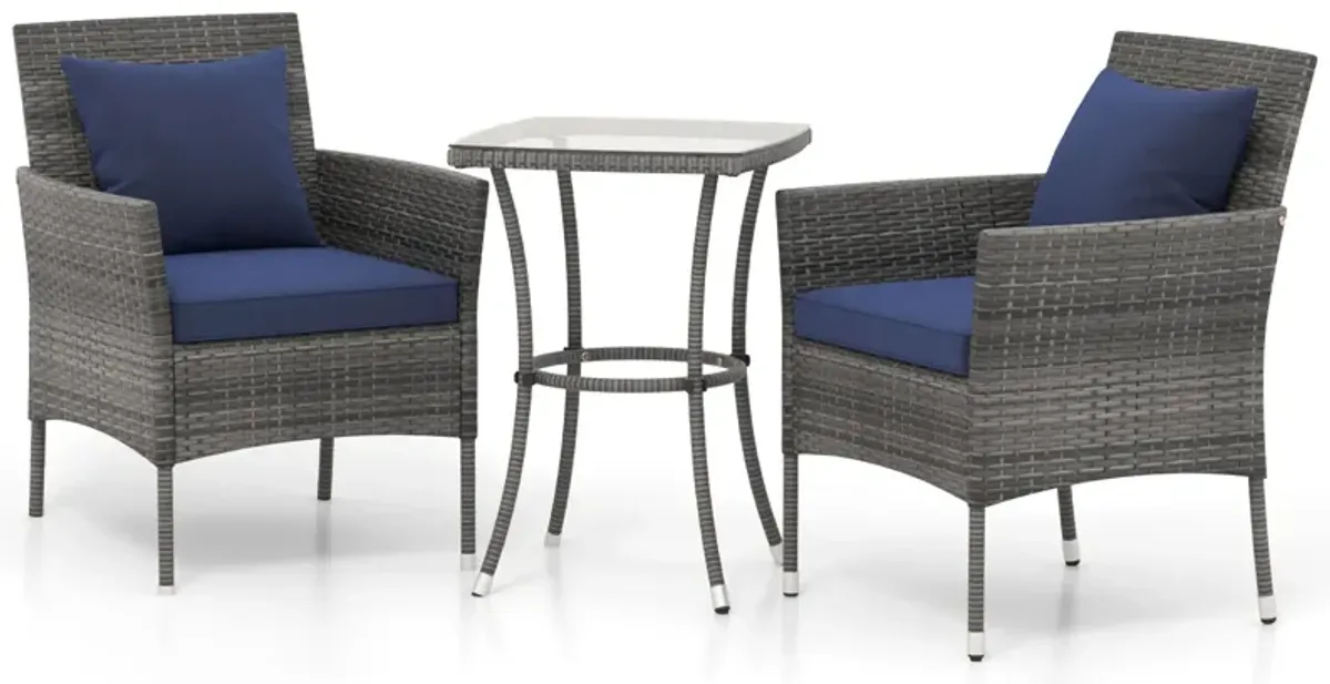 3 Pieces Patio Furniture Set with Cushioned Patio Chairs and Tempered Glass Coffee Table