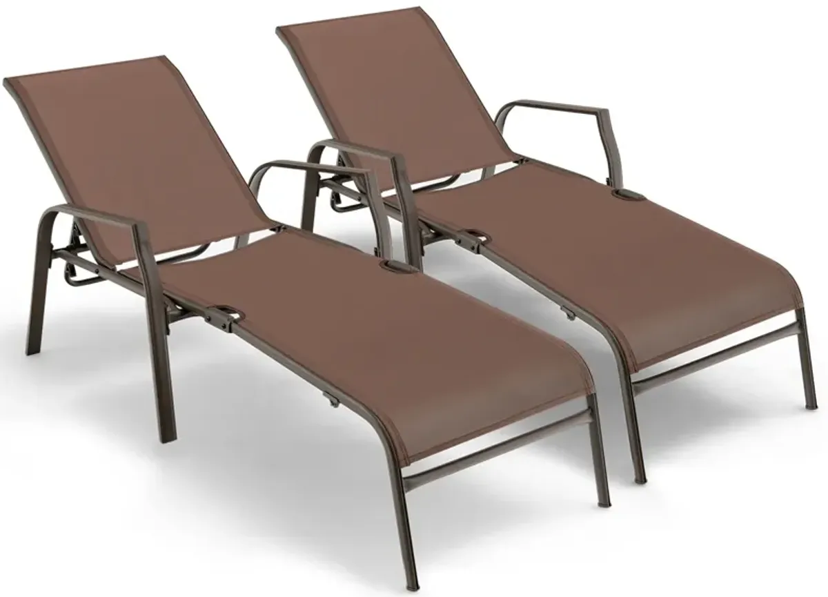 2 Pieces Patio Folding Chaise Lounge Chair Set with Adjustable Back-Brown