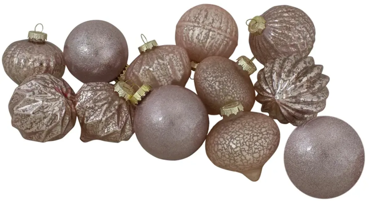 Set of 12 Blush Pink Finial and Glass Ball Christmas Ornaments