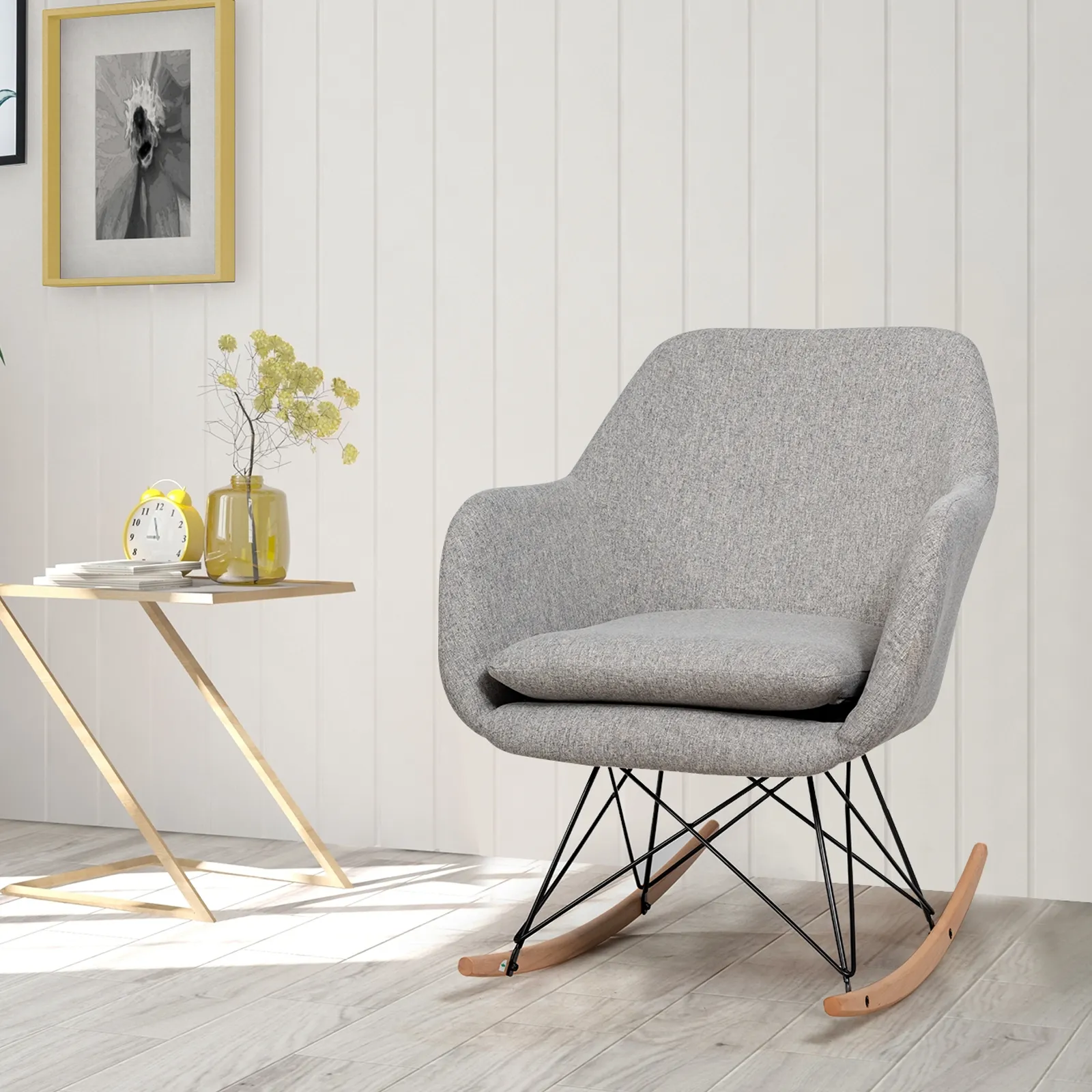 Upholstered Rocking Arm Chair with Solid Steel Wood Leg-Gray