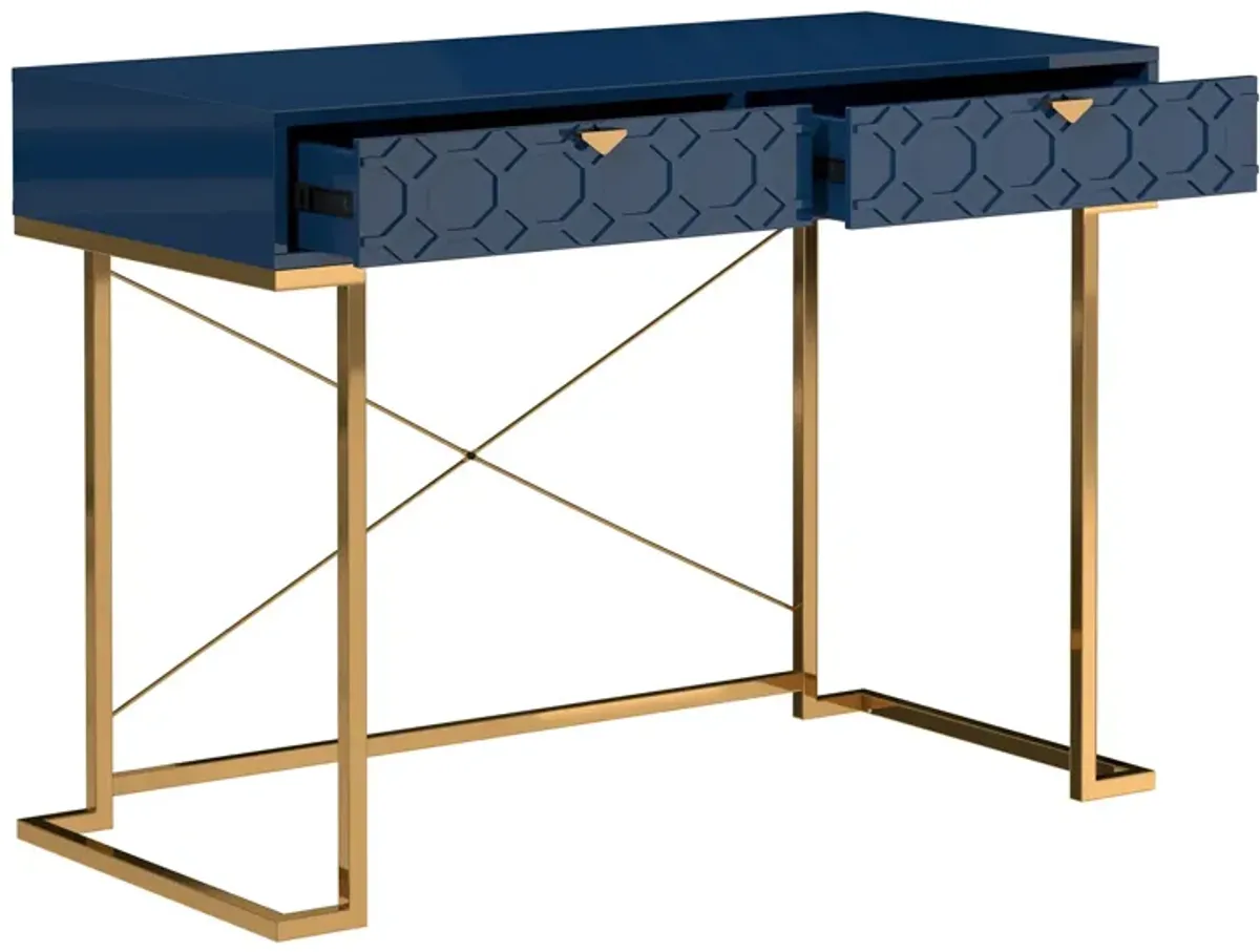 42 in. Rectangular Blue Solid Wood Writing Desk with Metal Stand