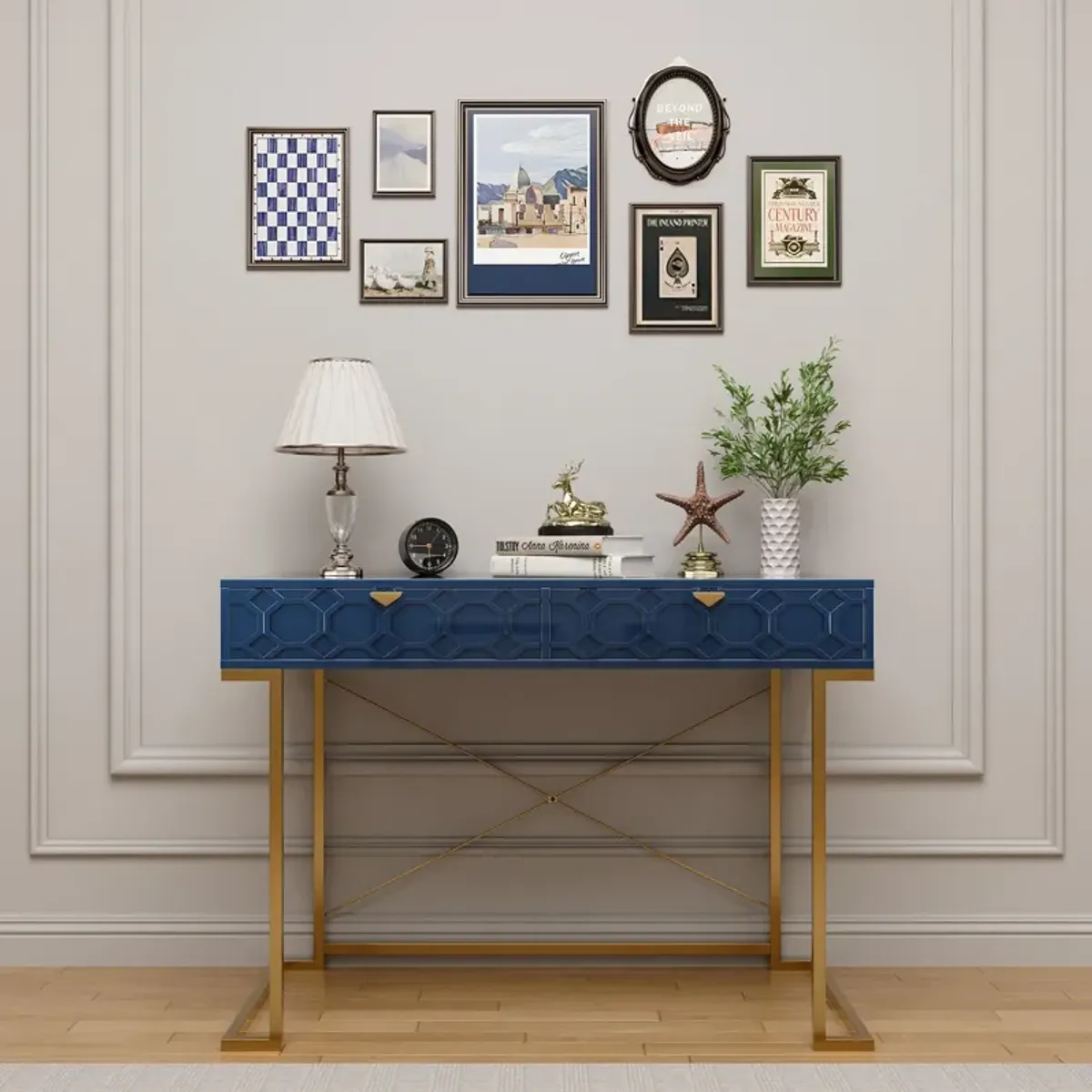 42 in. Rectangular Blue Solid Wood Writing Desk with Metal Stand