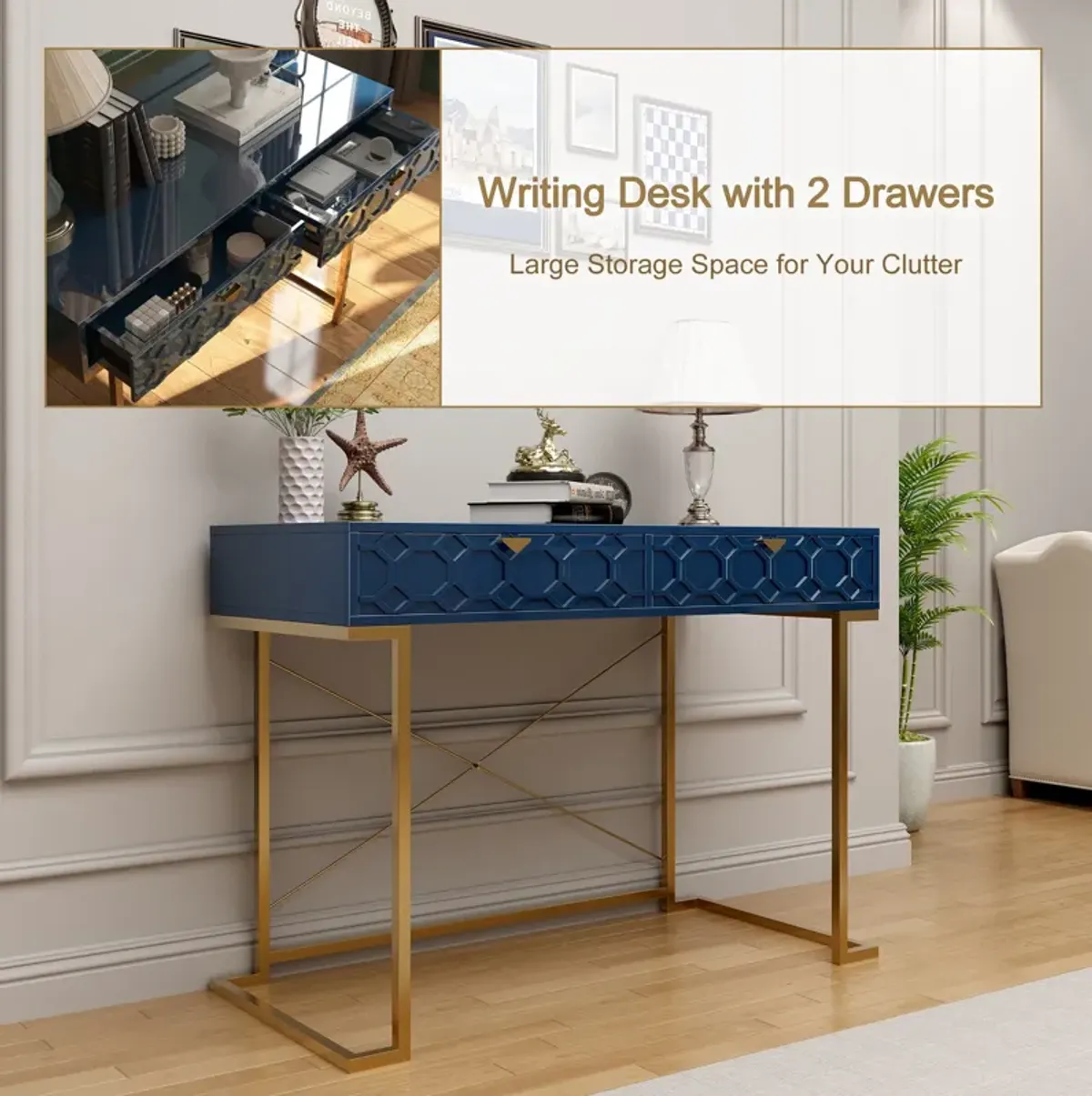 42 in. Rectangular Blue Solid Wood Writing Desk with Metal Stand