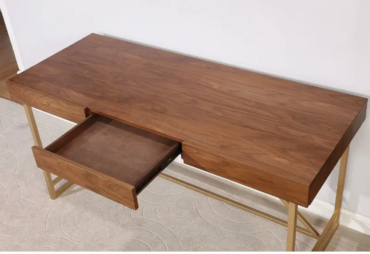 Modern Style Wooden Writing Desk with Unique Metal Legs, Walnut Brown and Gold-Benzara