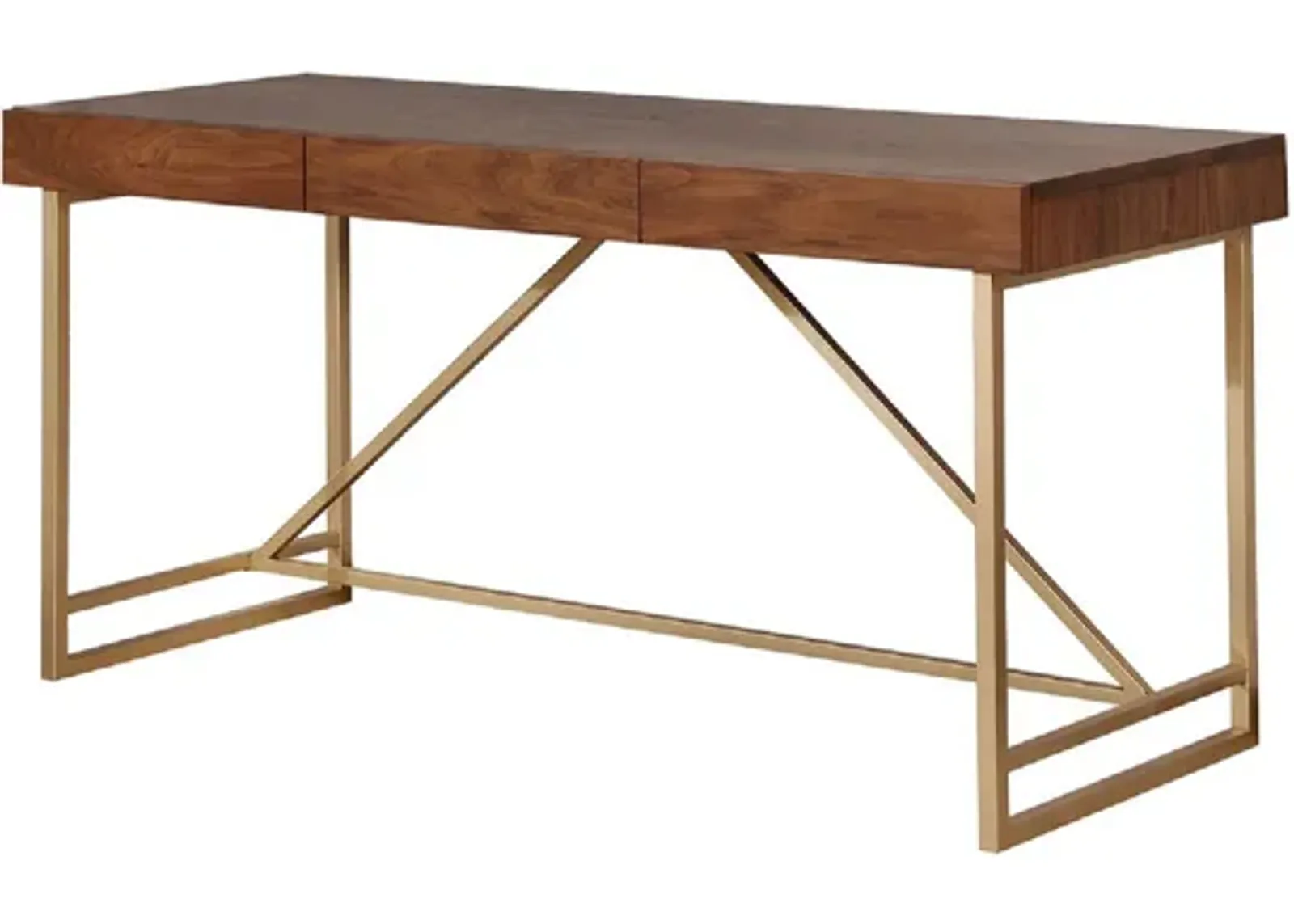 Modern Style Wooden Writing Desk with Unique Metal Legs, Walnut Brown and Gold-Benzara