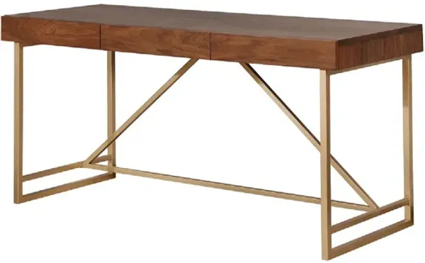 Modern Style Wooden Writing Desk with Unique Metal Legs, Walnut Brown and Gold-Benzara