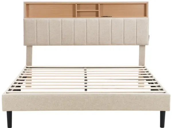 Queen Size Upholstered Platform Bed with Storage Headboard and USB Port, Linen Fabric Upholstered Bed