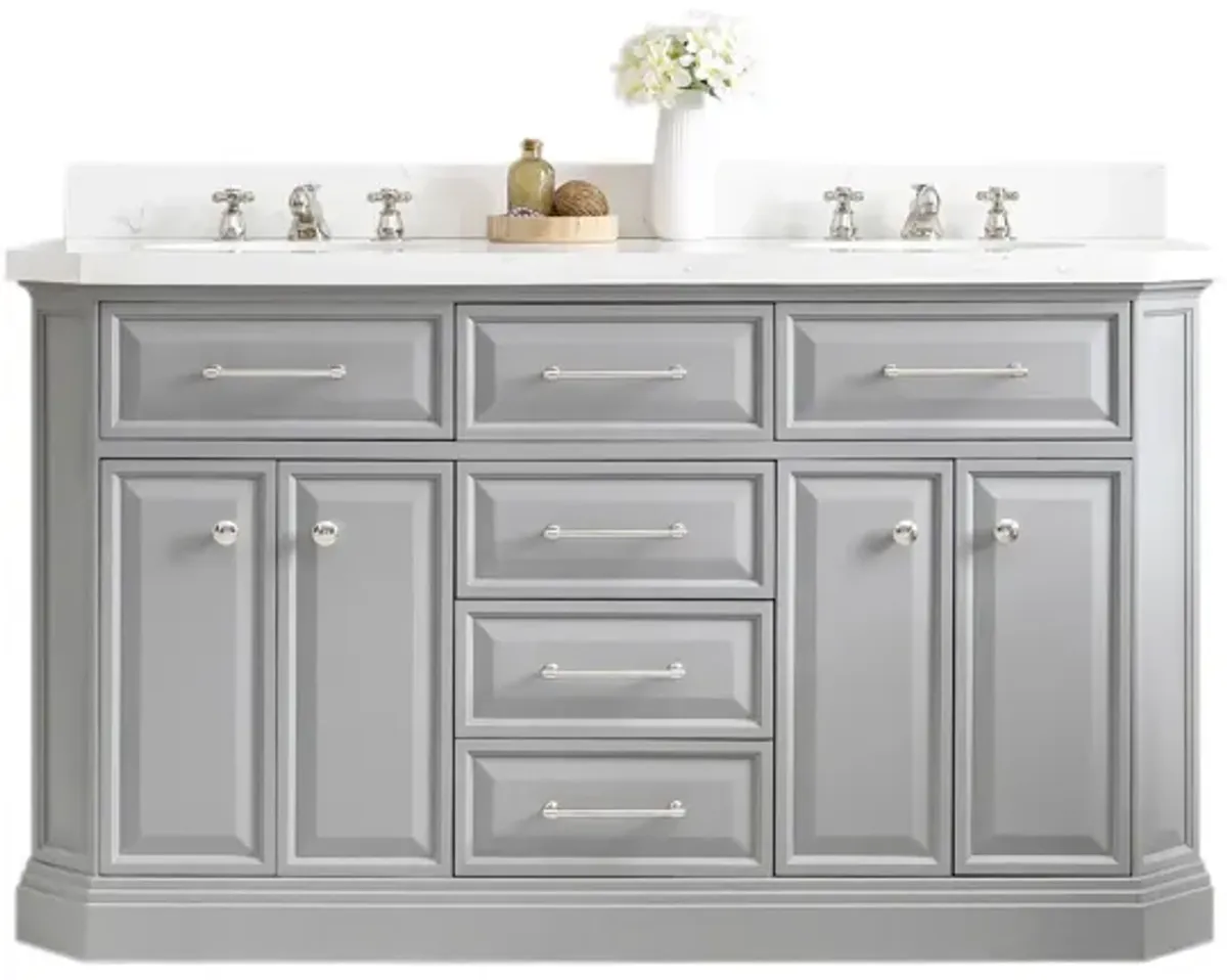 Palace 60 In. Double Sink Carrara Quartz Countertop Bath Vanity in Cashmere Grey with Polished Nickel (PVD) Hardware and Classic Faucets