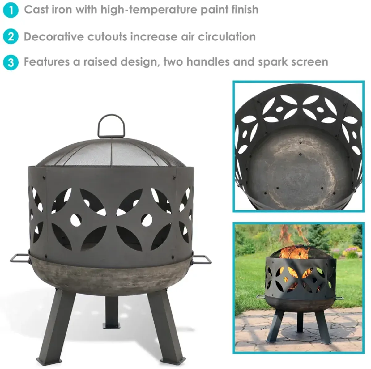 Sunnydaze 26 in Retro Cast Iron Fire Pit with Spark Screen