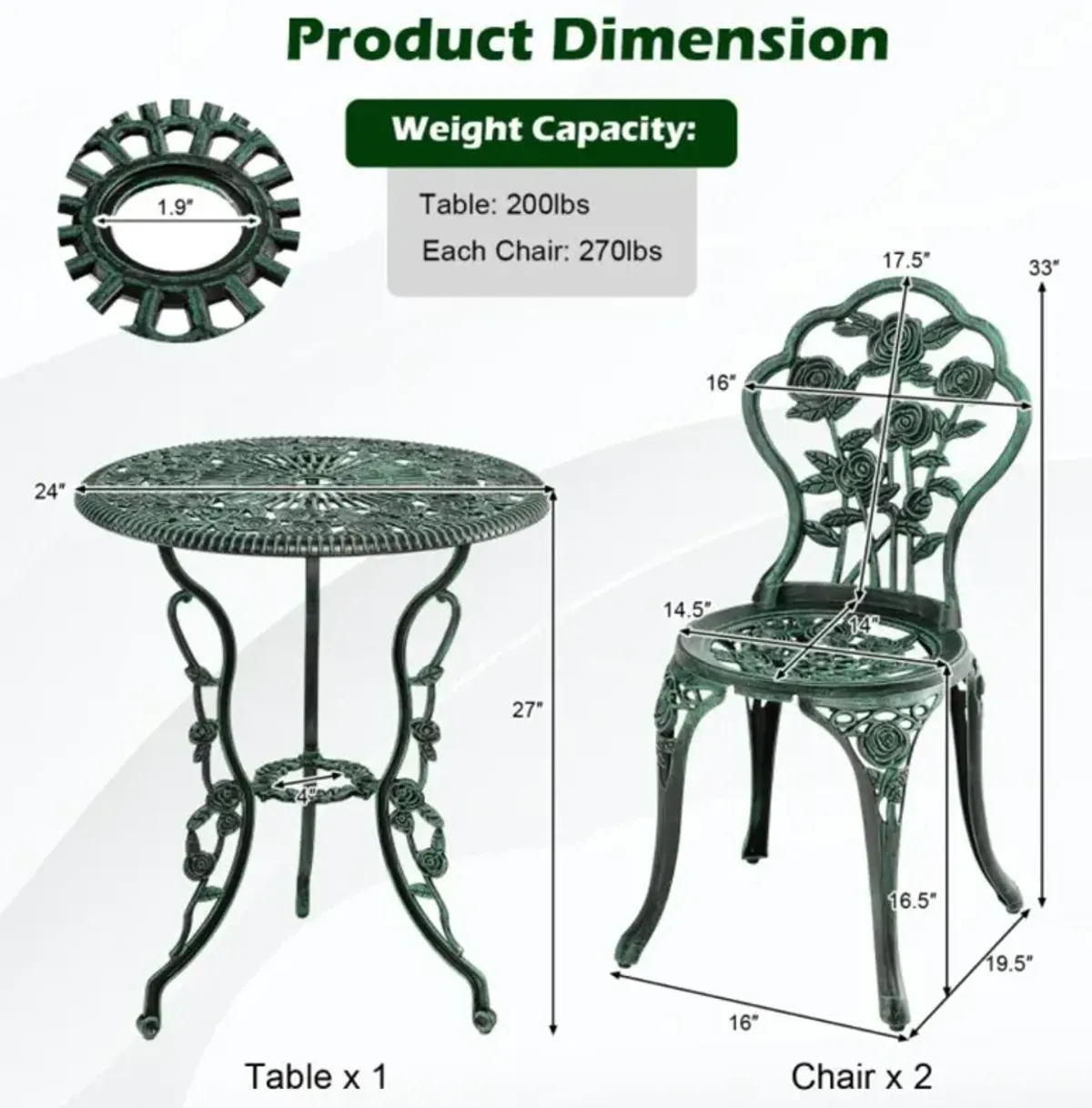 Hivvago Outdoor Cast Aluminum Patio Furniture Set with Rose Design