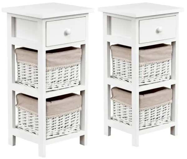 2 Pieces Bedroom Bedside End Table with Drawer Baskets-White