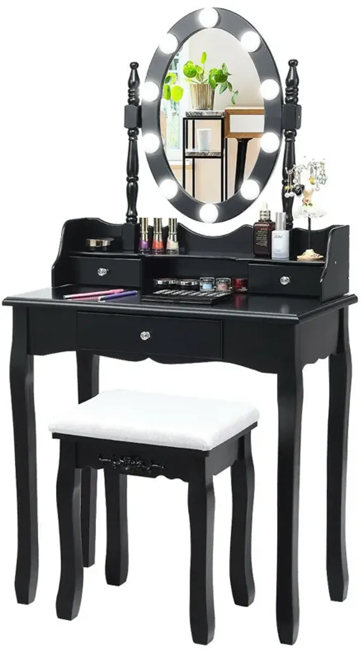 Oval Mirror Vanity Set  with 10 LED Dimmable Bulbs and 3 Drawers