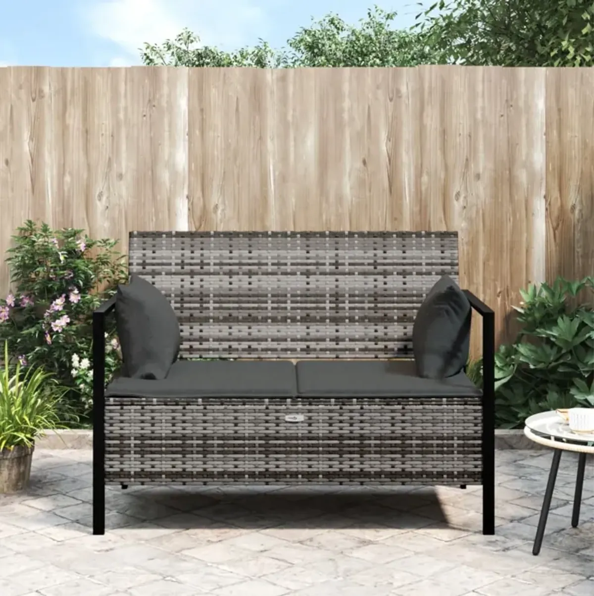 vidaXL Outdoor Patio Bench - 2 Seater Garden Furniture with Storage Compartment, Gray PE Rattan & Steel Frame, with Cushions