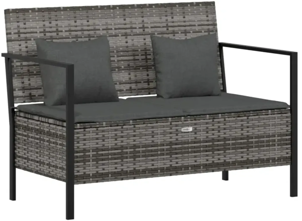 vidaXL Outdoor Patio Bench - 2 Seater Garden Furniture with Storage Compartment, Gray PE Rattan & Steel Frame, with Cushions