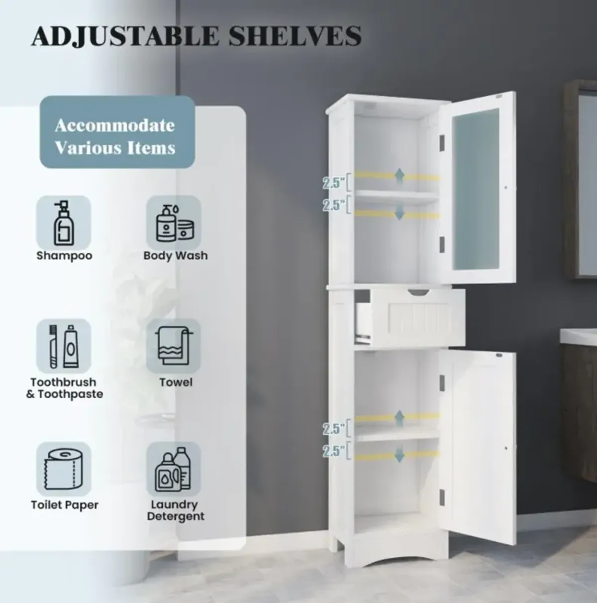 Hivvago Tall Floor Storage Cabinet with 2 Doors and 1 Drawer for Bathroom