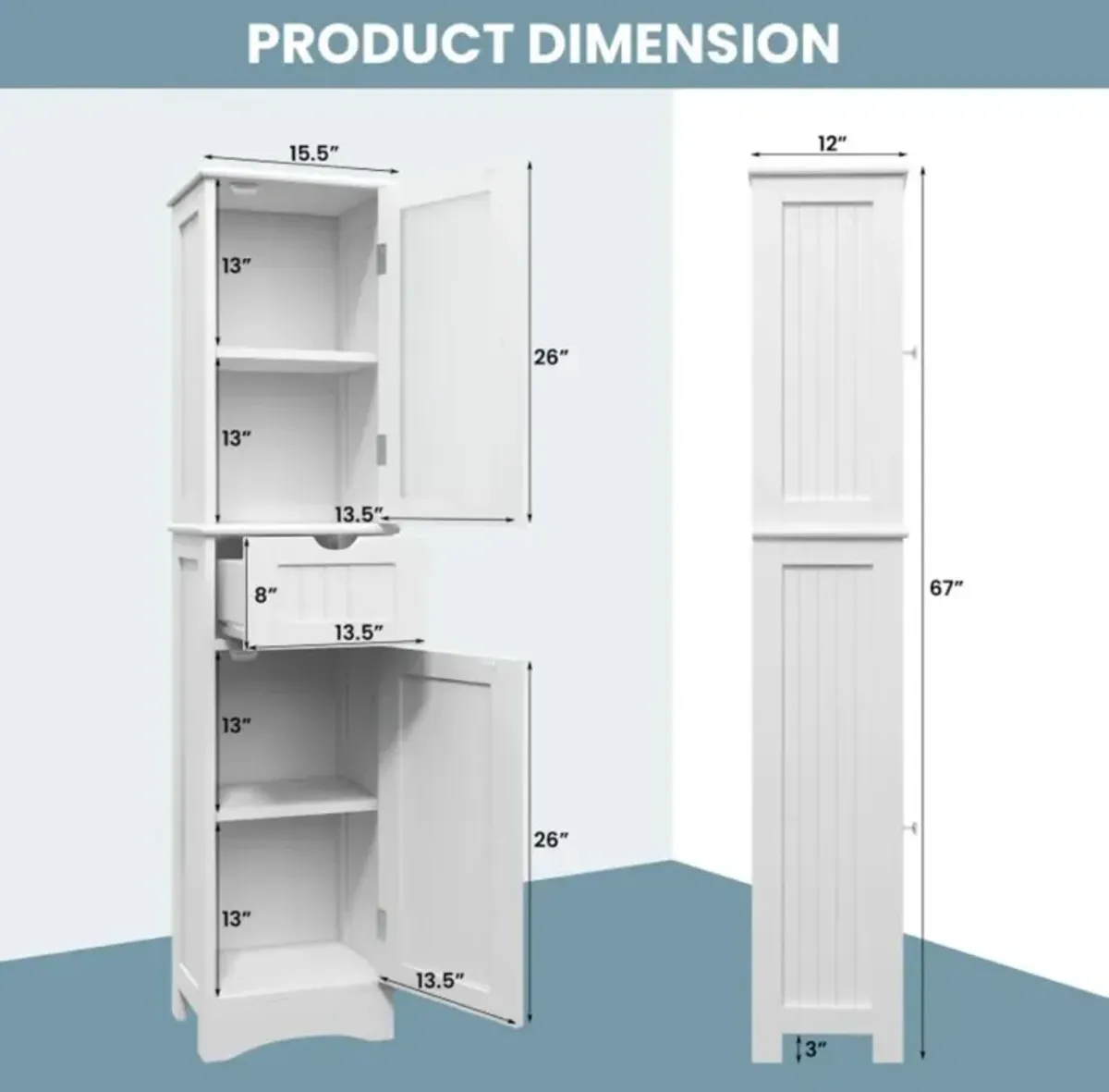 Hivvago Tall Floor Storage Cabinet with 2 Doors and 1 Drawer for Bathroom