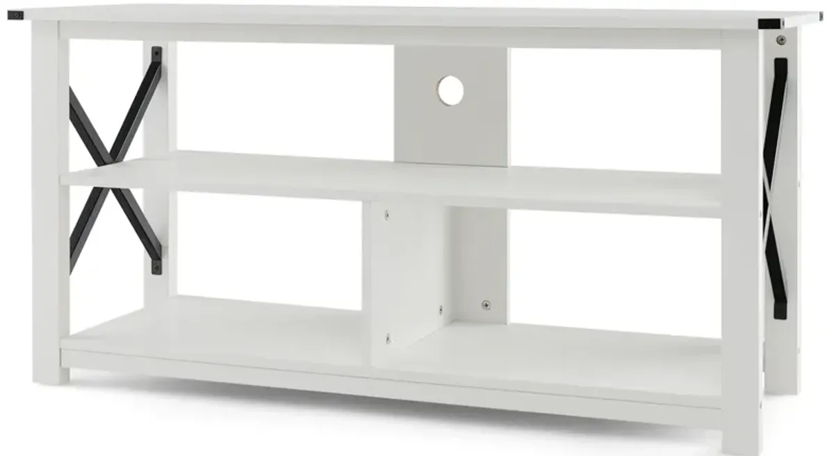 3 Tier Wood TV Stand for 55-Inch with Open Shelves and X-Shaped Frame