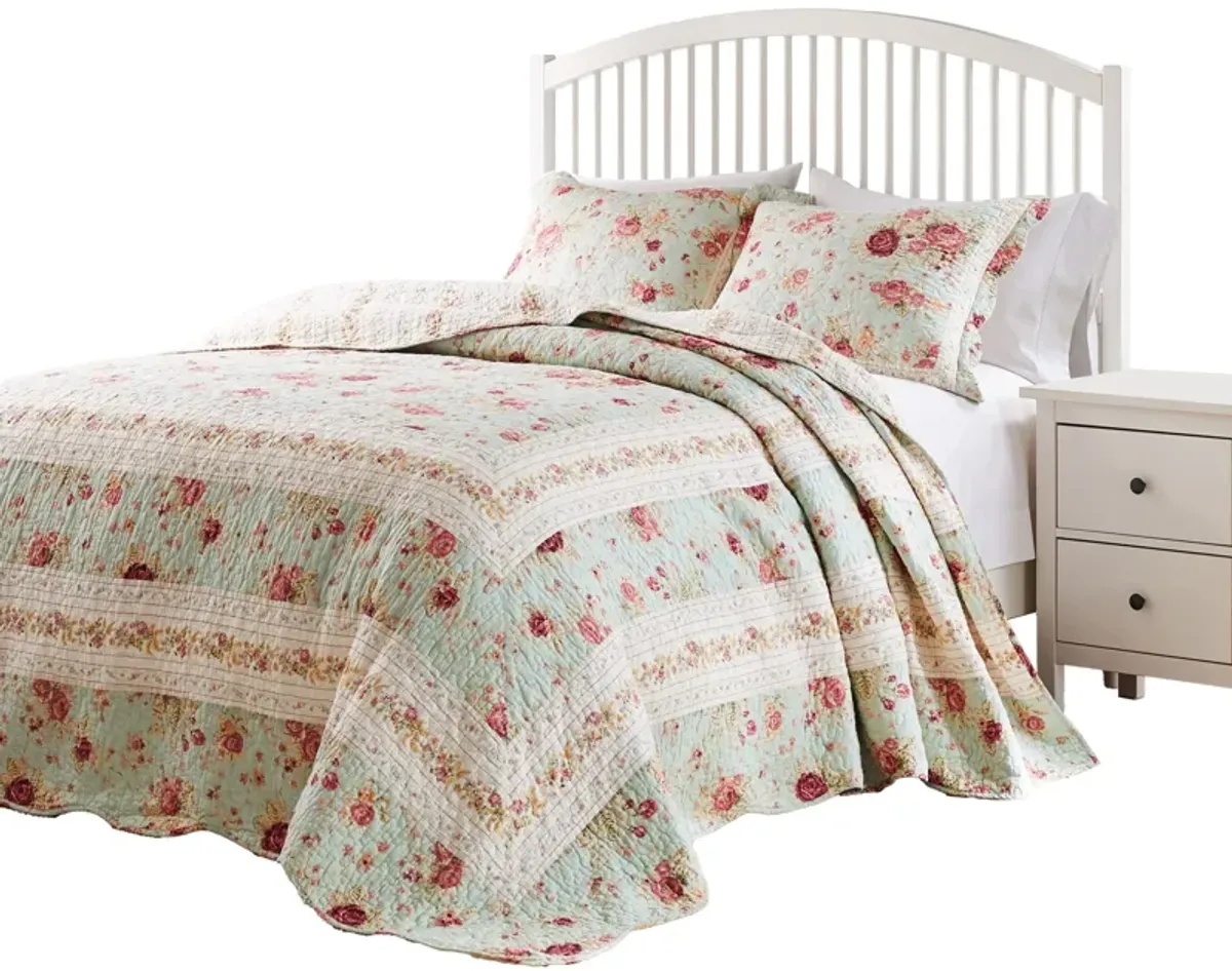 Rosle 3pc King Bedspread Set, 2 Shams, Reversible Rose Print, Blue Cotton