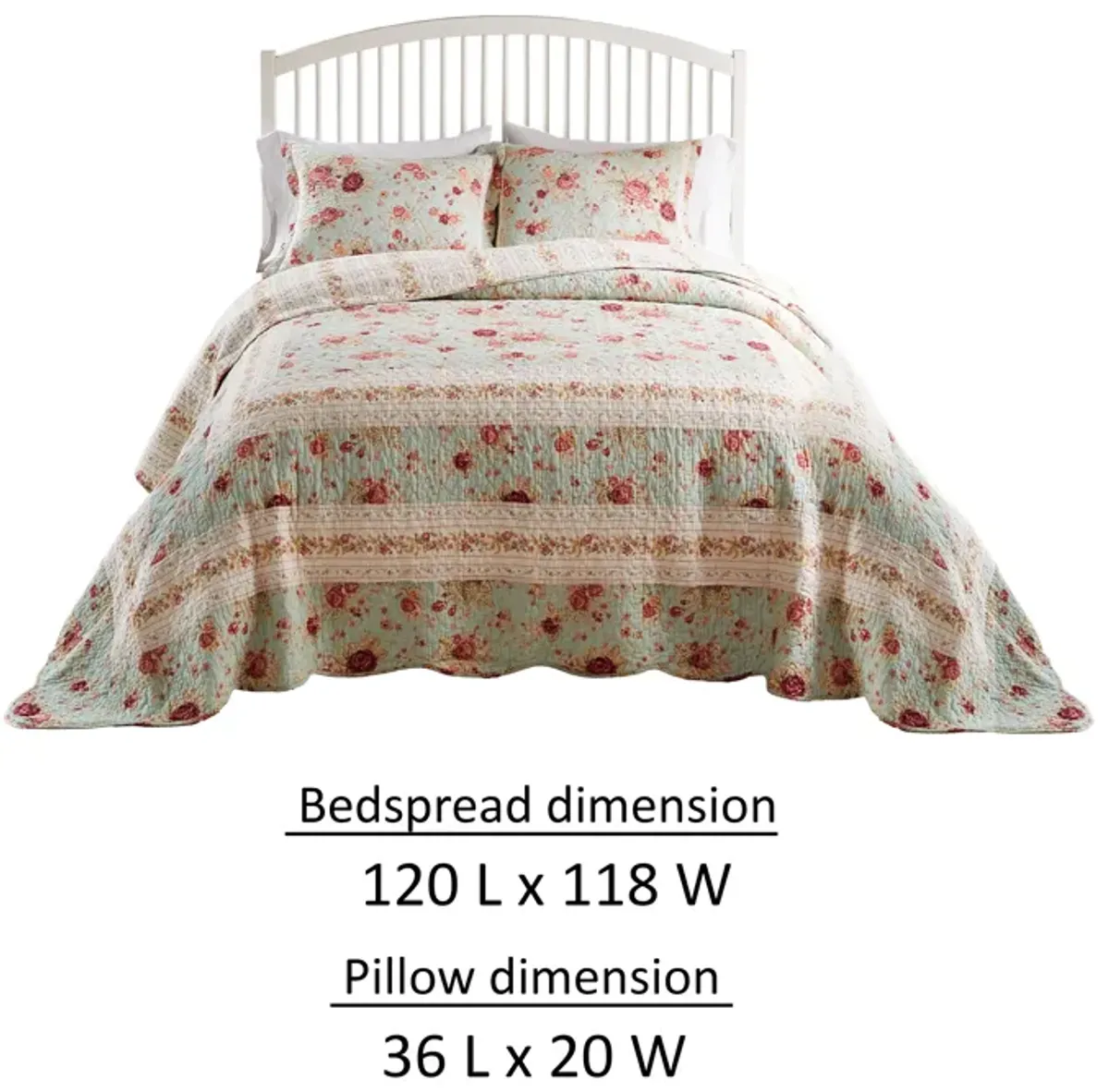 Rosle 3pc King Bedspread Set, 2 Shams, Reversible Rose Print, Blue Cotton