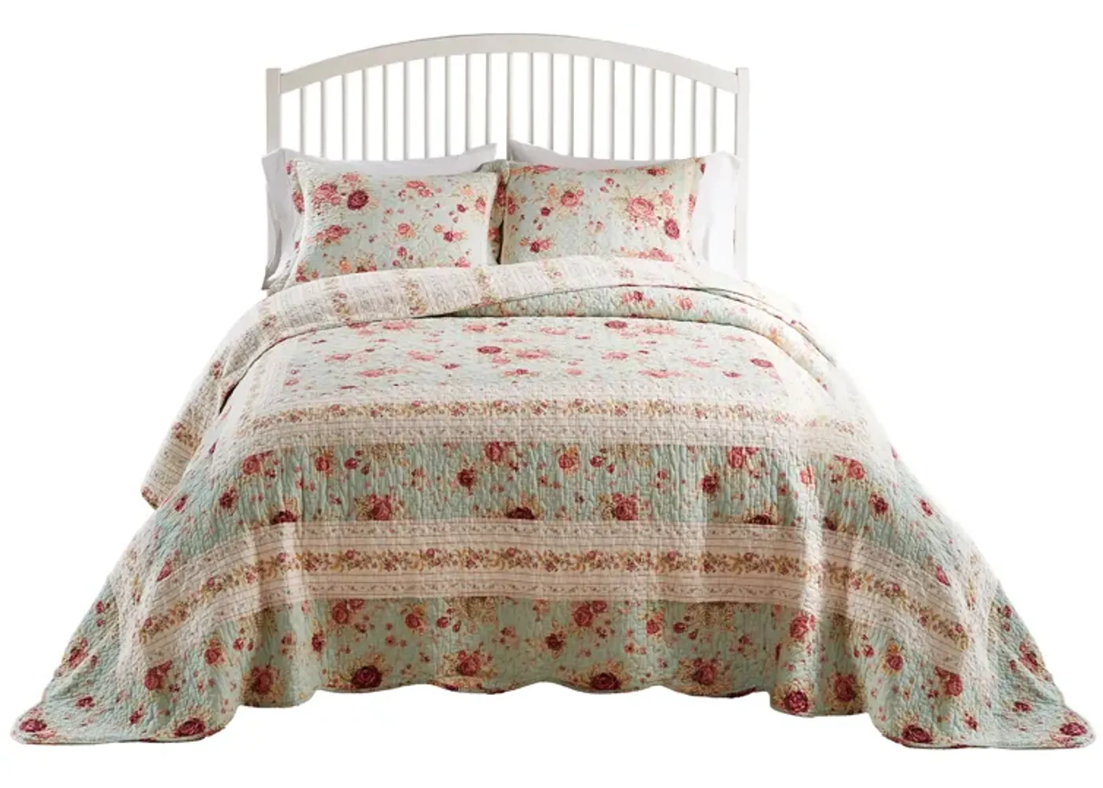 Rosle 3pc King Bedspread Set, 2 Shams, Reversible Rose Print, Blue Cotton