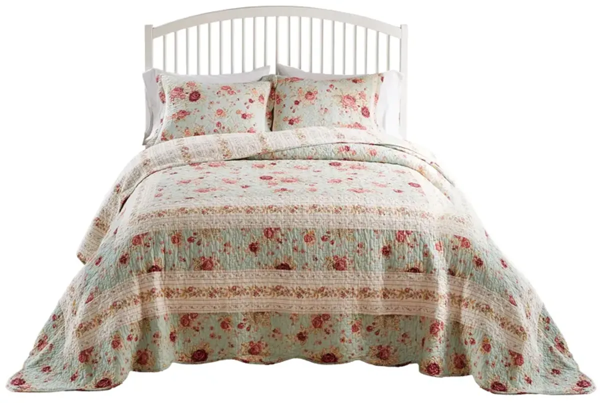 Rosle 3pc King Bedspread Set, 2 Shams, Reversible Rose Print, Blue Cotton