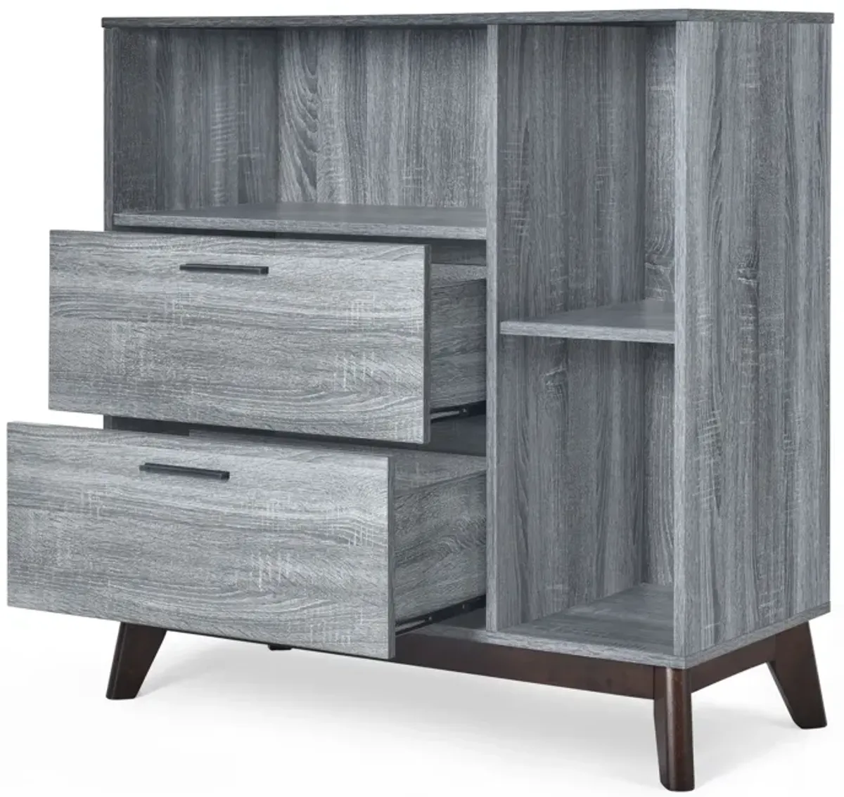Merax 35.5" Mid-Century Modern Storage Cabinet - Faux Wood with Cubby Shelves & 2 Drawers, Splayed Legs Design for Lounge