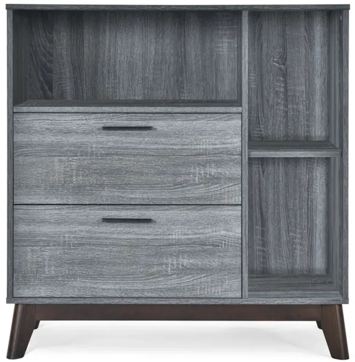 Merax 35.5" Mid-Century Modern Storage Cabinet - Faux Wood with Cubby Shelves & 2 Drawers, Splayed Legs Design for Lounge