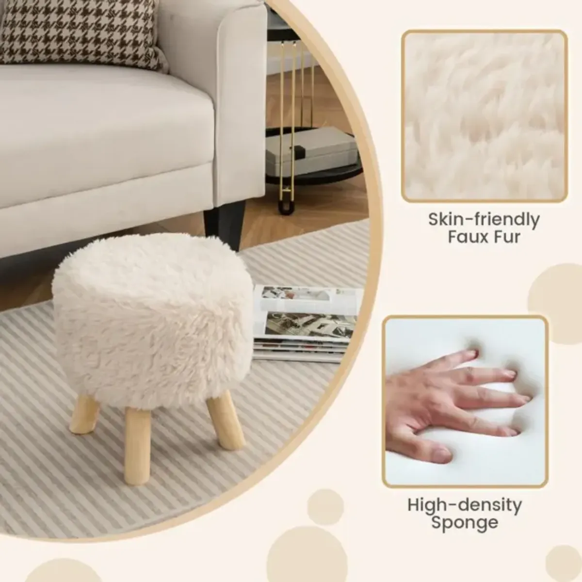 Hivvago Round Footstool Ottoman Faux Fur Footrest with Padded Seat and Rubber Wood Legs-White