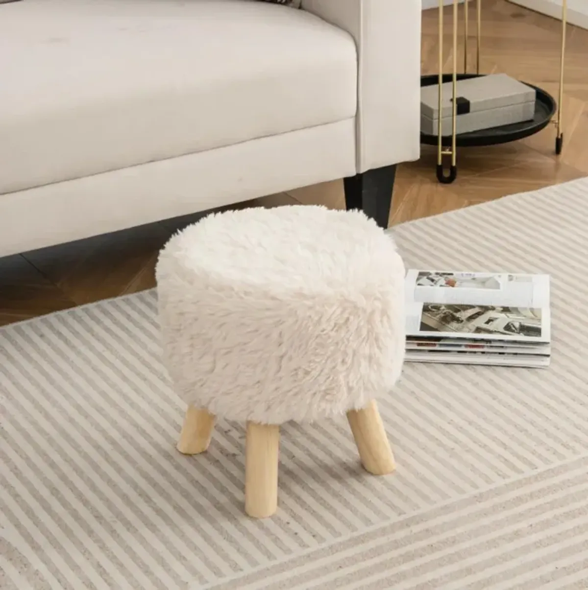 Hivvago Round Footstool Ottoman Faux Fur Footrest with Padded Seat and Rubber Wood Legs-White