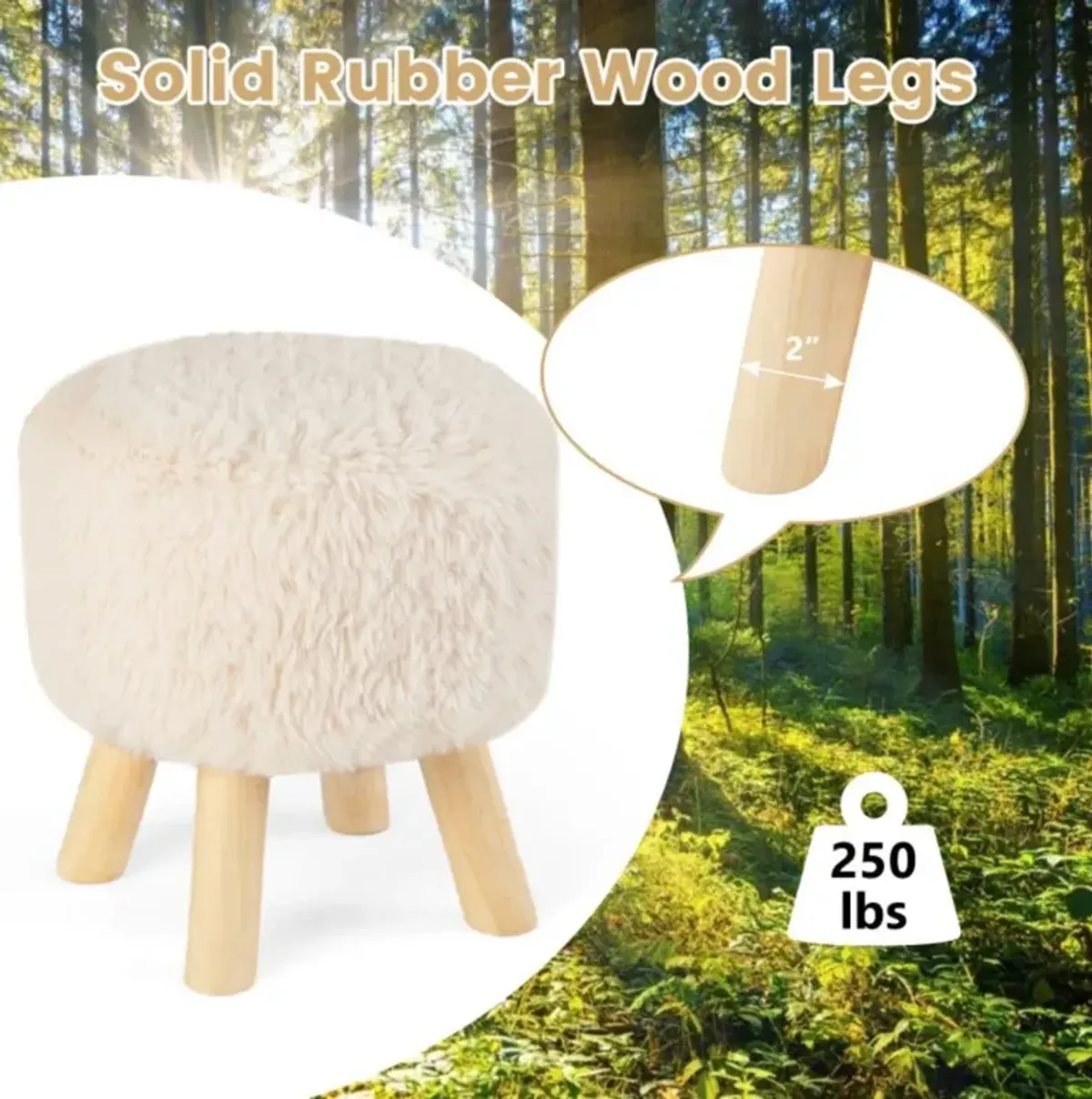 Hivvago Round Footstool Ottoman Faux Fur Footrest with Padded Seat and Rubber Wood Legs-White