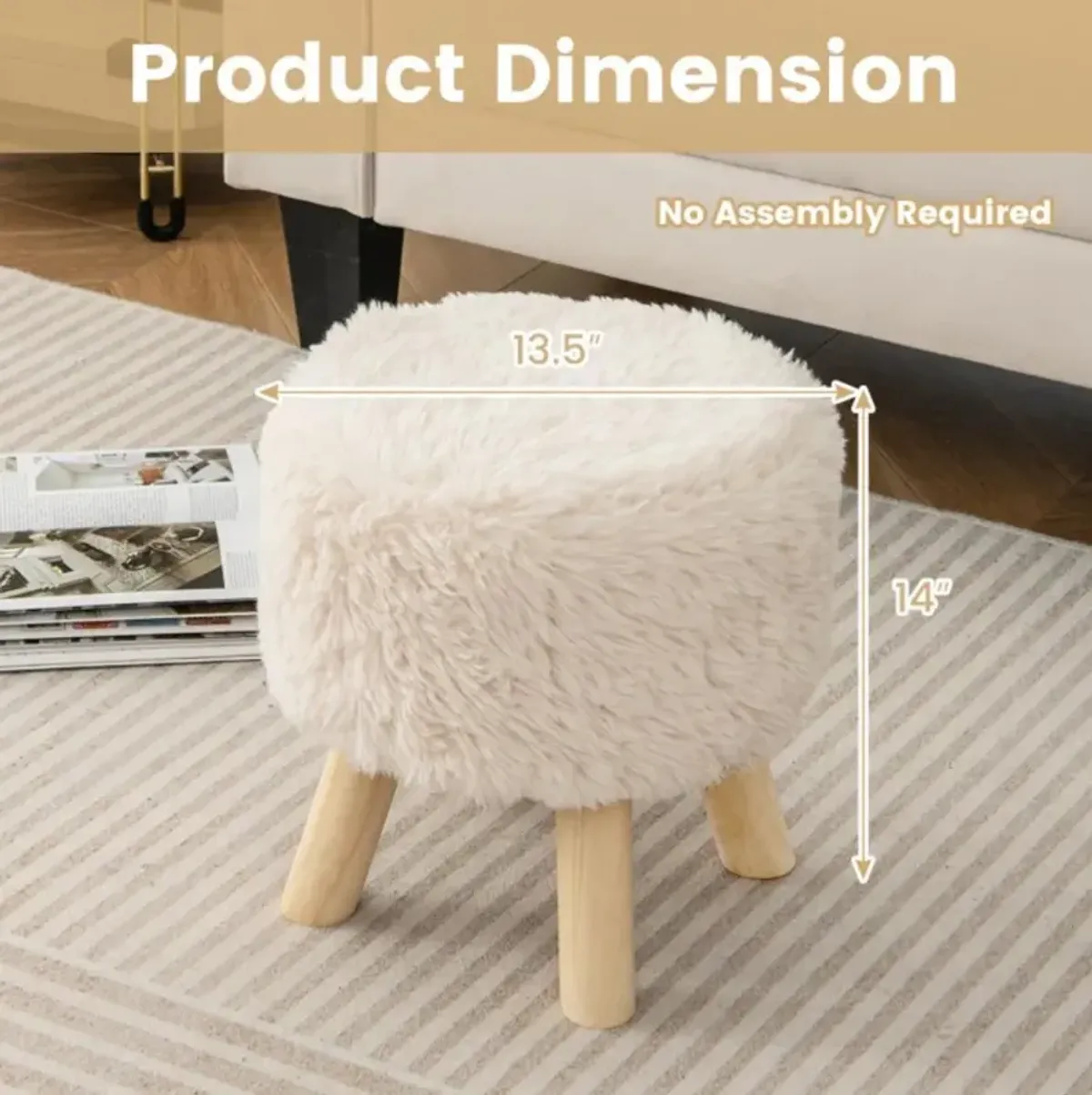 Hivvago Round Footstool Ottoman Faux Fur Footrest with Padded Seat and Rubber Wood Legs-White