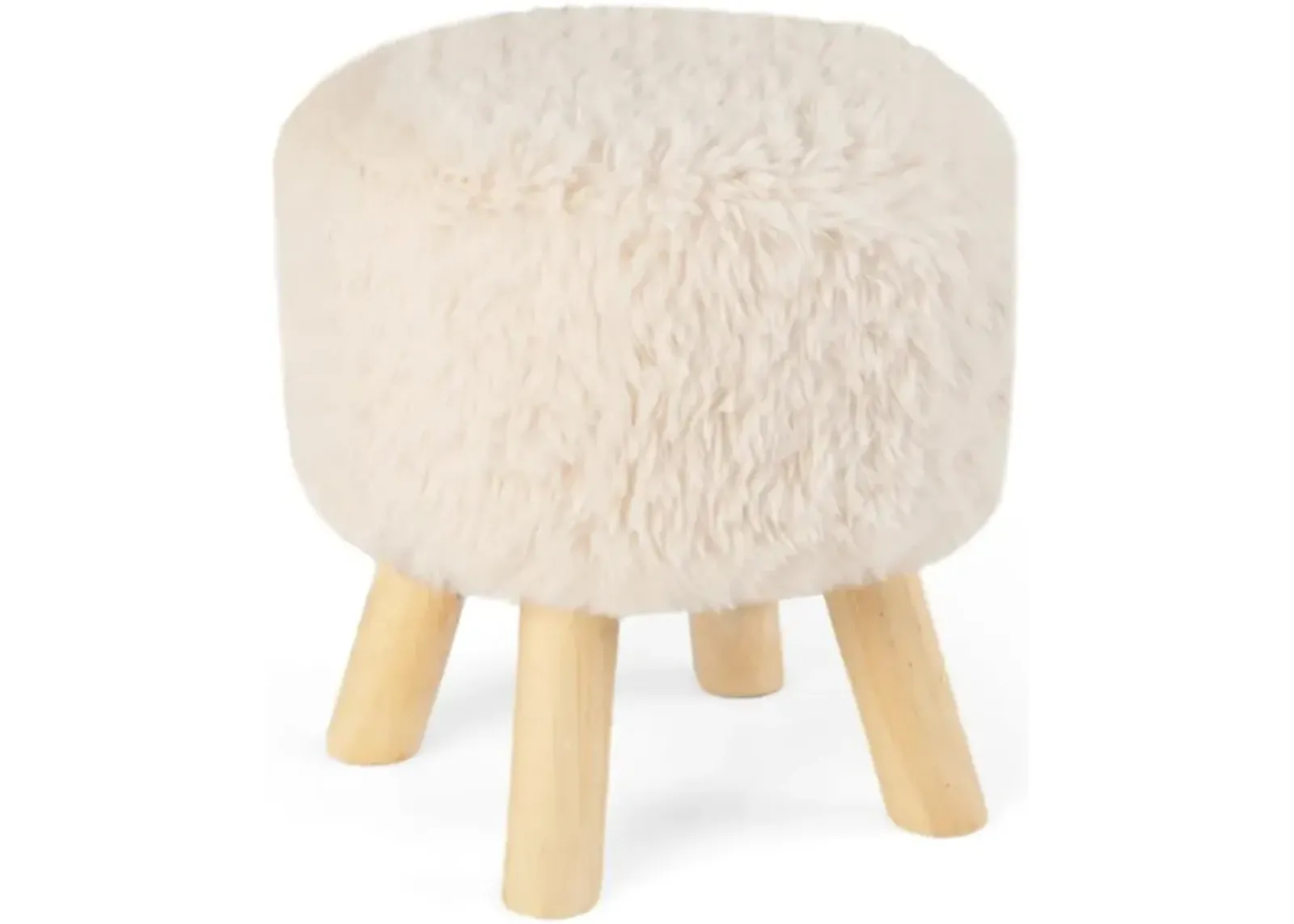 Hivvago Round Footstool Ottoman Faux Fur Footrest with Padded Seat and Rubber Wood Legs-White