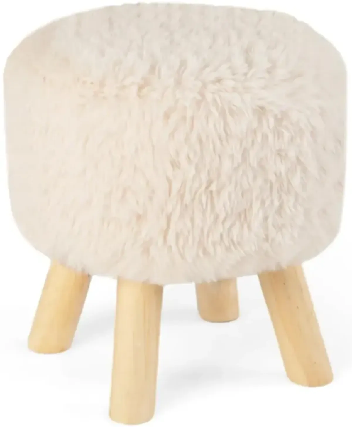 Hivvago Round Footstool Ottoman Faux Fur Footrest with Padded Seat and Rubber Wood Legs-White