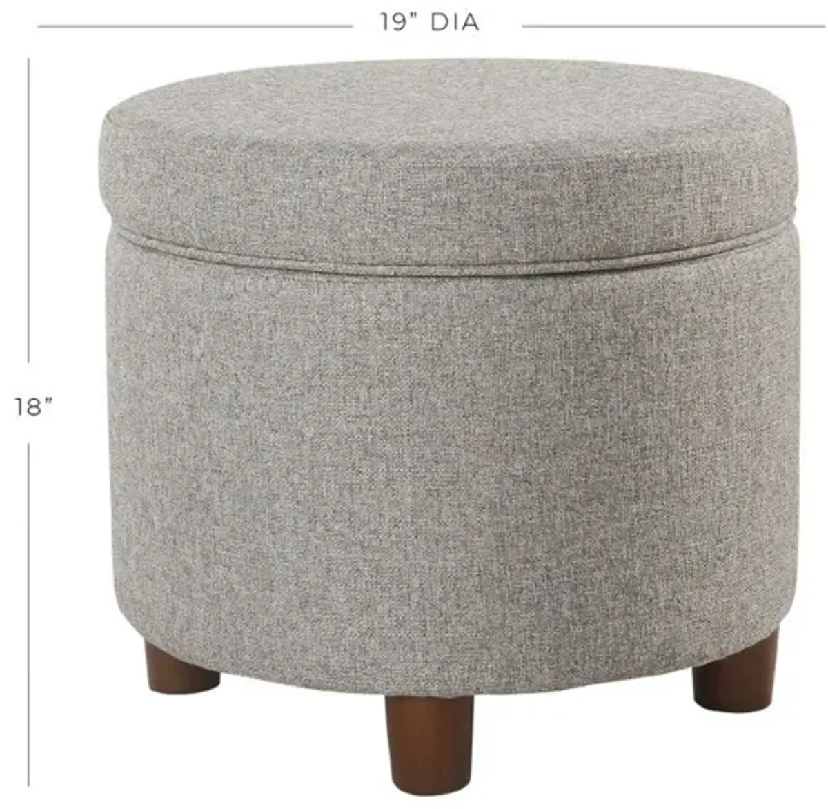 Fabric Upholstered Round Wooden Ottoman with Lift Off Lid Storage, Light Gray - Benzara