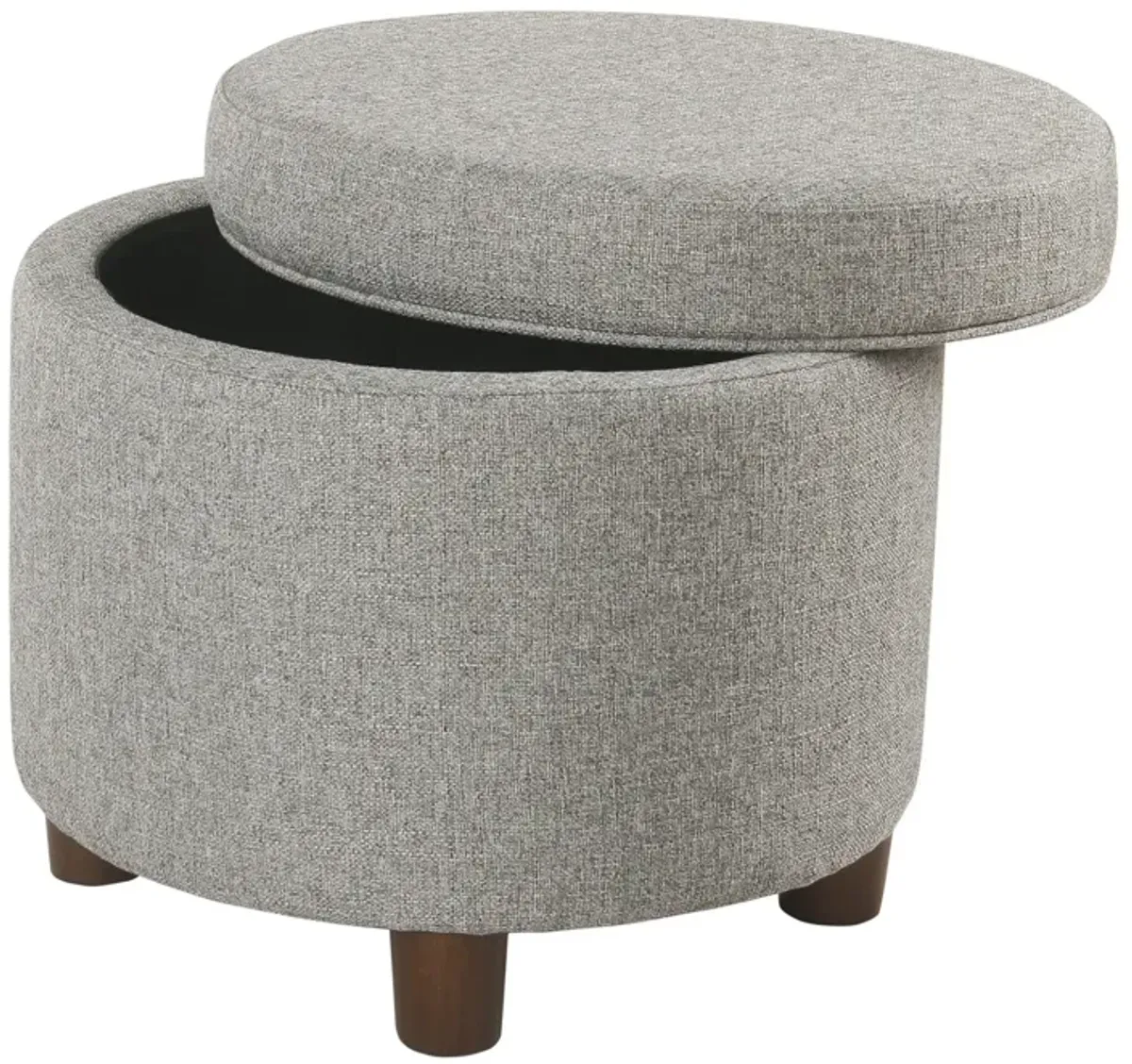 Fabric Upholstered Round Wooden Ottoman with Lift Off Lid Storage, Light Gray - Benzara