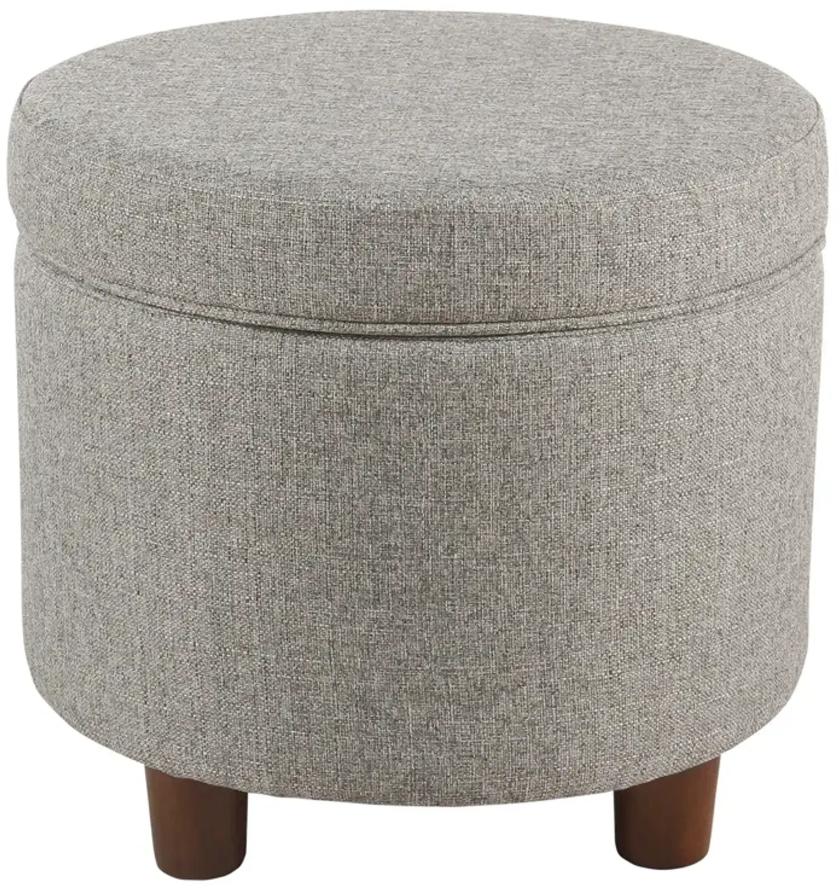 Fabric Upholstered Round Wooden Ottoman with Lift Off Lid Storage, Light Gray - Benzara