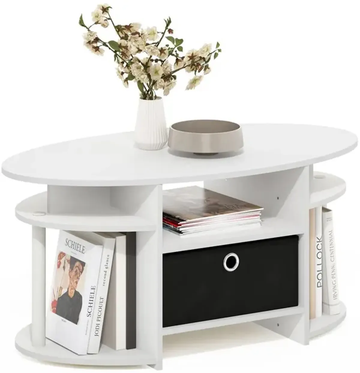 JAYA Simple Design Oval Coffee Table with Bin, White/White/Black