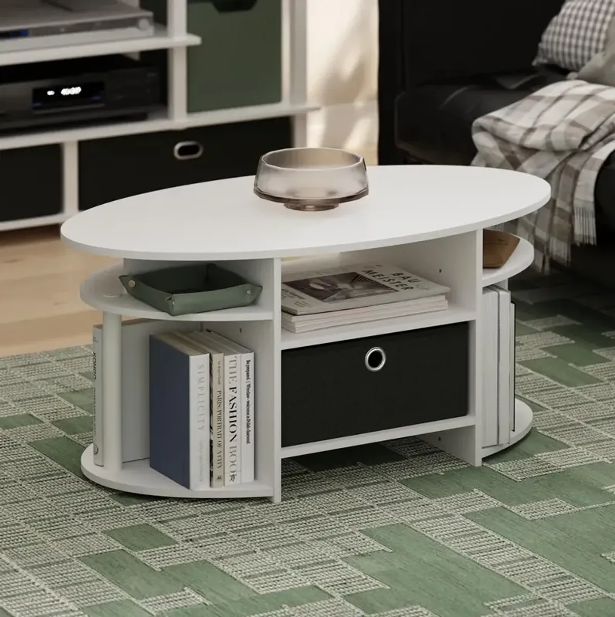 JAYA Simple Design Oval Coffee Table with Bin, White/White/Black