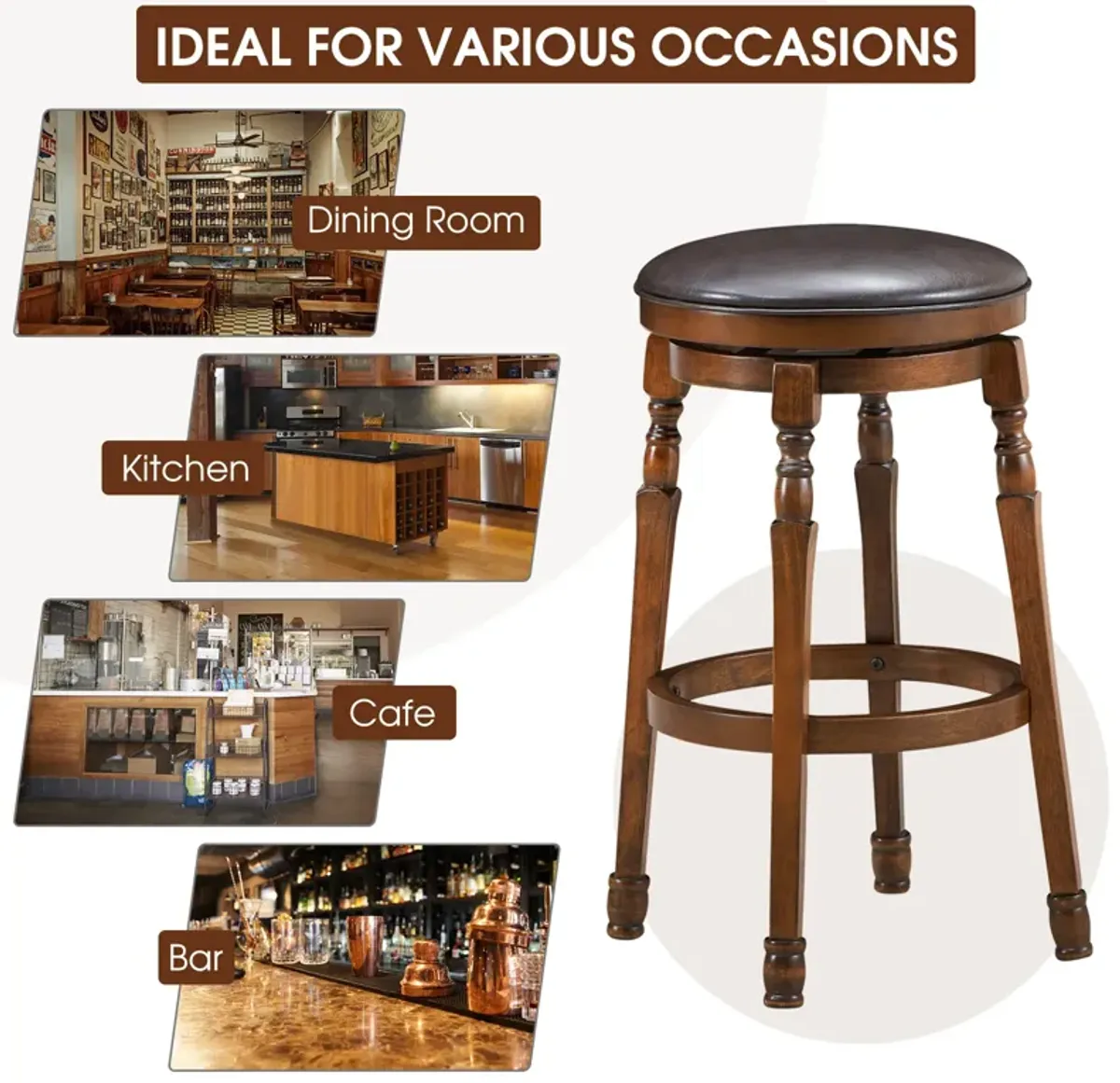 Set of 2 Swivel Leather Padded Dining Bar Stools