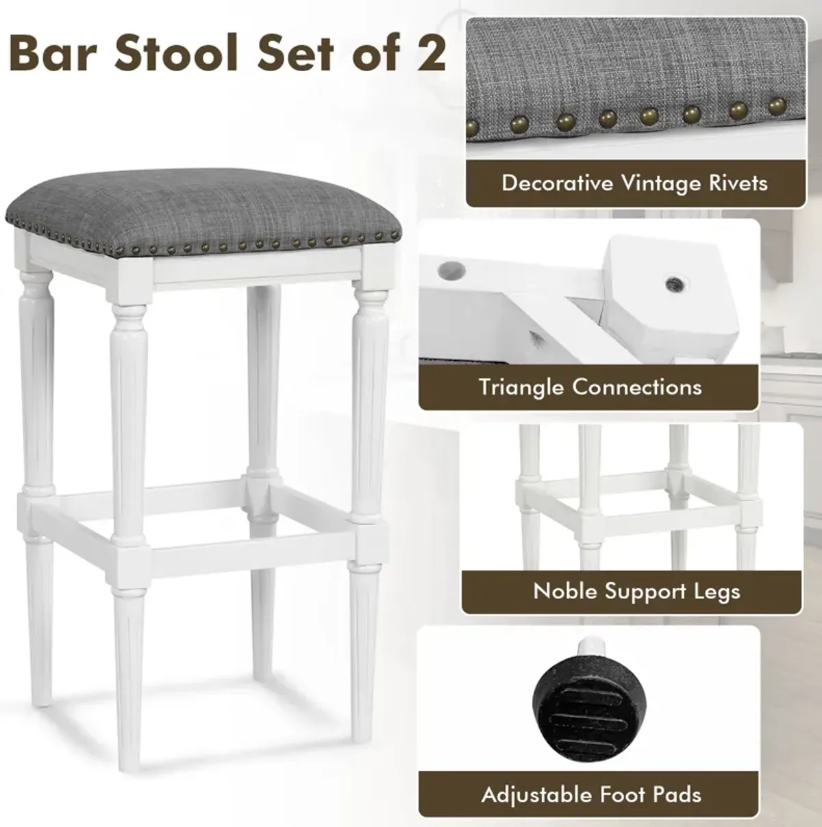 3 Heights Square Saddle Stool Set of 2 with Footrests and Padded Seats