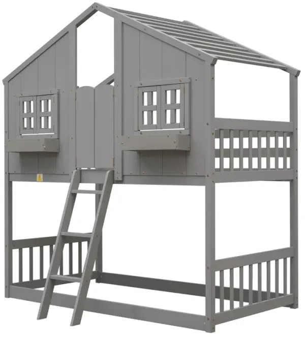 Whisen Twin over Twin House Bunk Bed with Roof, Window, Window Box, Door, with Safety Guardrails and Ladder - White