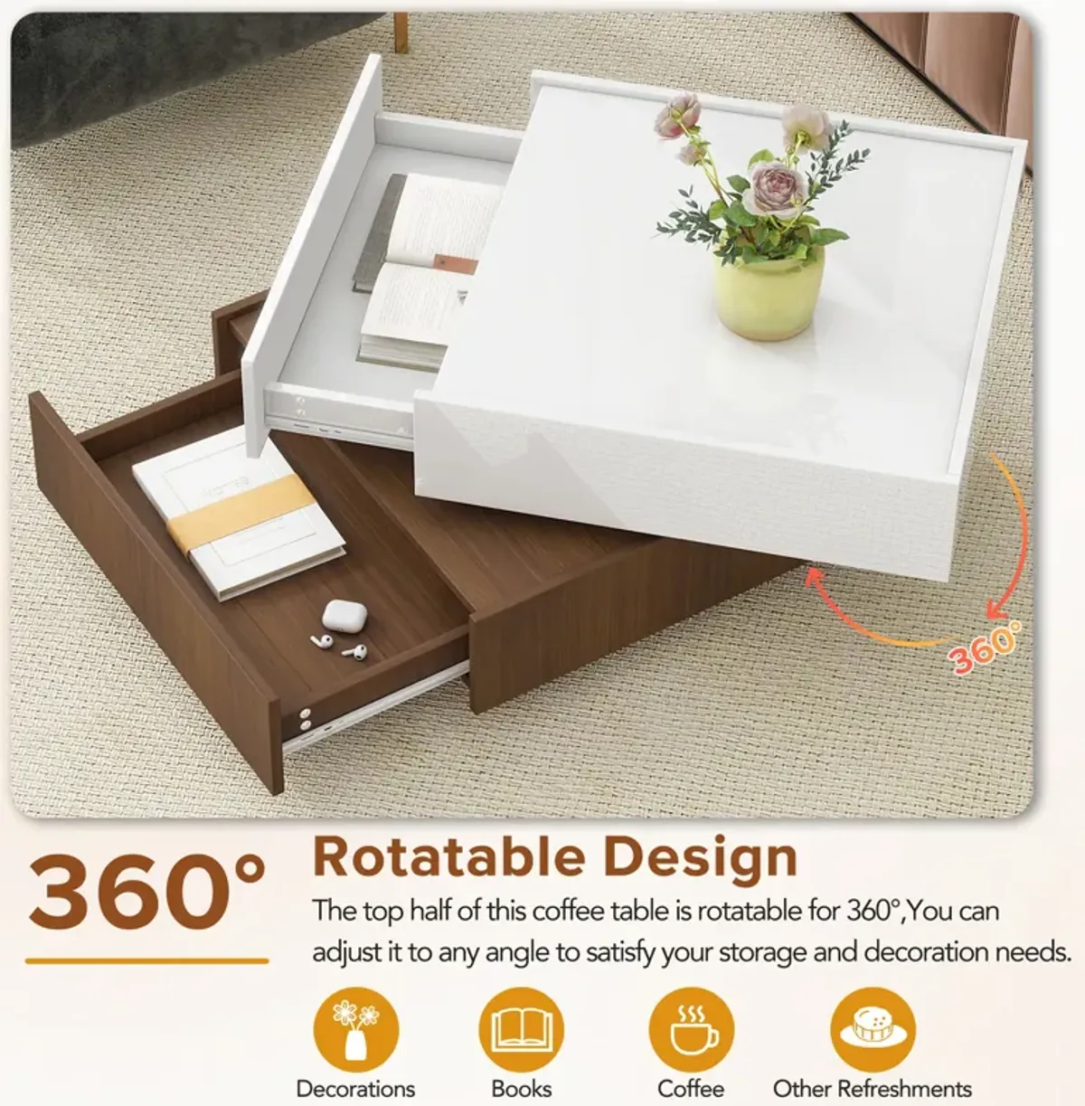 Merax Multi-functional Square 360°Rotating Coffee Table