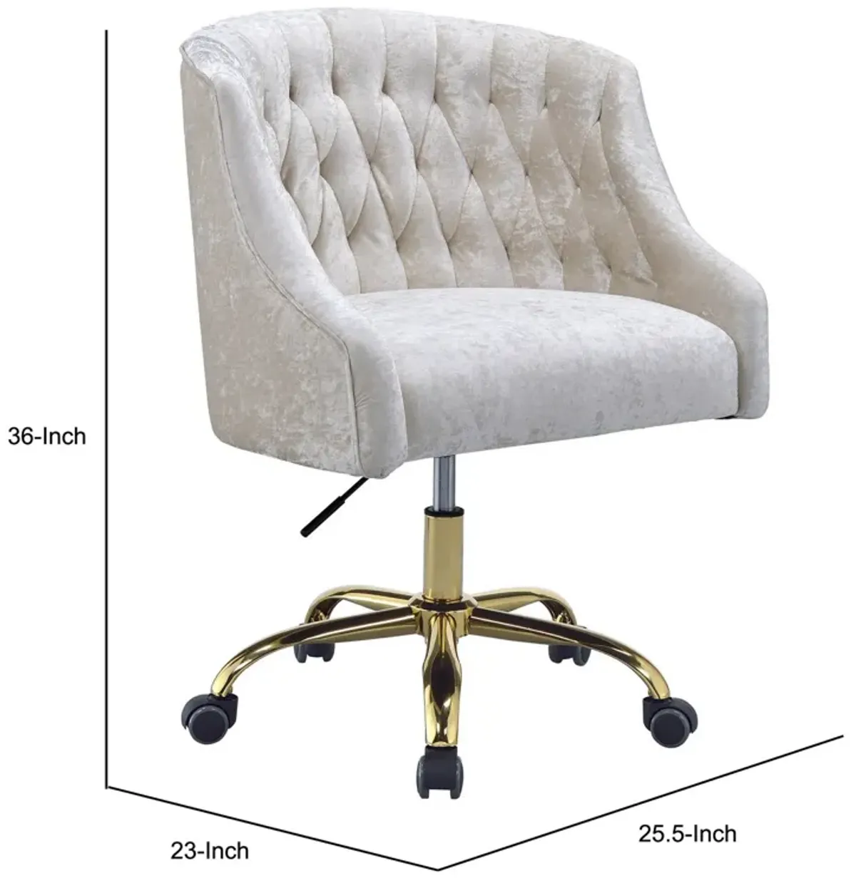 Swivel Velvet Upholstered Office Chair with Adjustable Height and Metal Base, Cream and Gold-Benzara